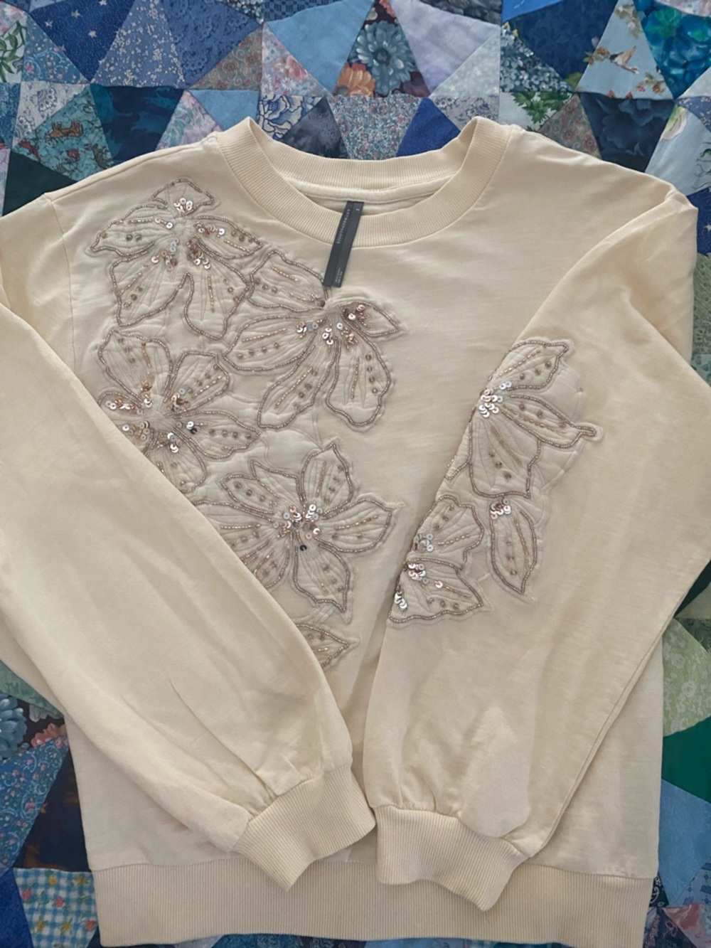Anthropologie Cream Embellished Sequin Sweatshirt